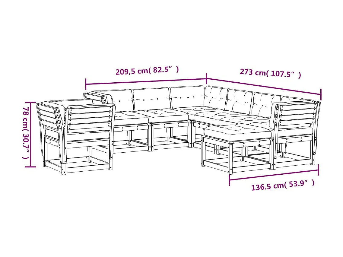 Salon de jardin 8 pcs avec coussins cire marron bois pin massif