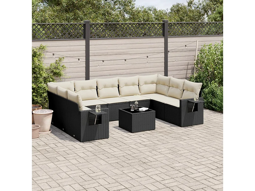 10-delige Loungeset met kussens poly rattan zwart