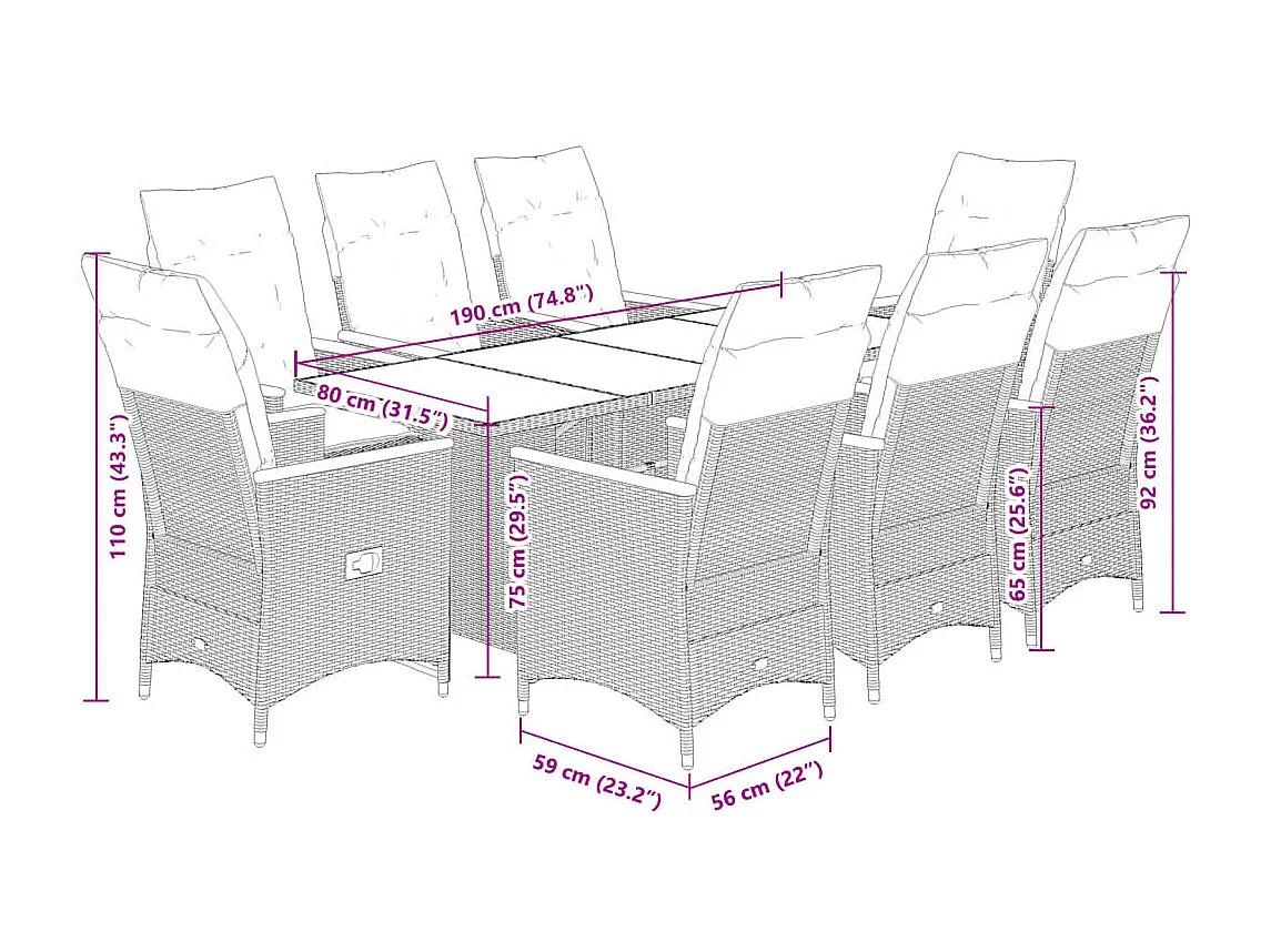 Set da Pranzo da Giardino 9 pz con Cuscini Nero in Polyrattan