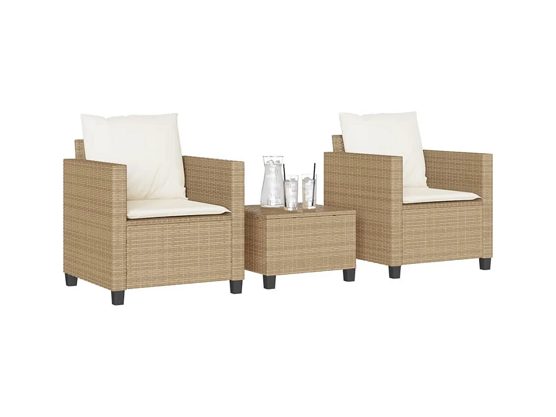 Ensemble de bistro 3 pcs avec coussins beige résine tressée