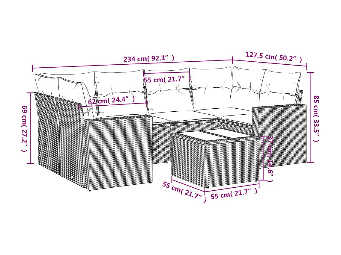 7 pcs conjunto de sofás p/ jardim c/ almofadões vime PE preto