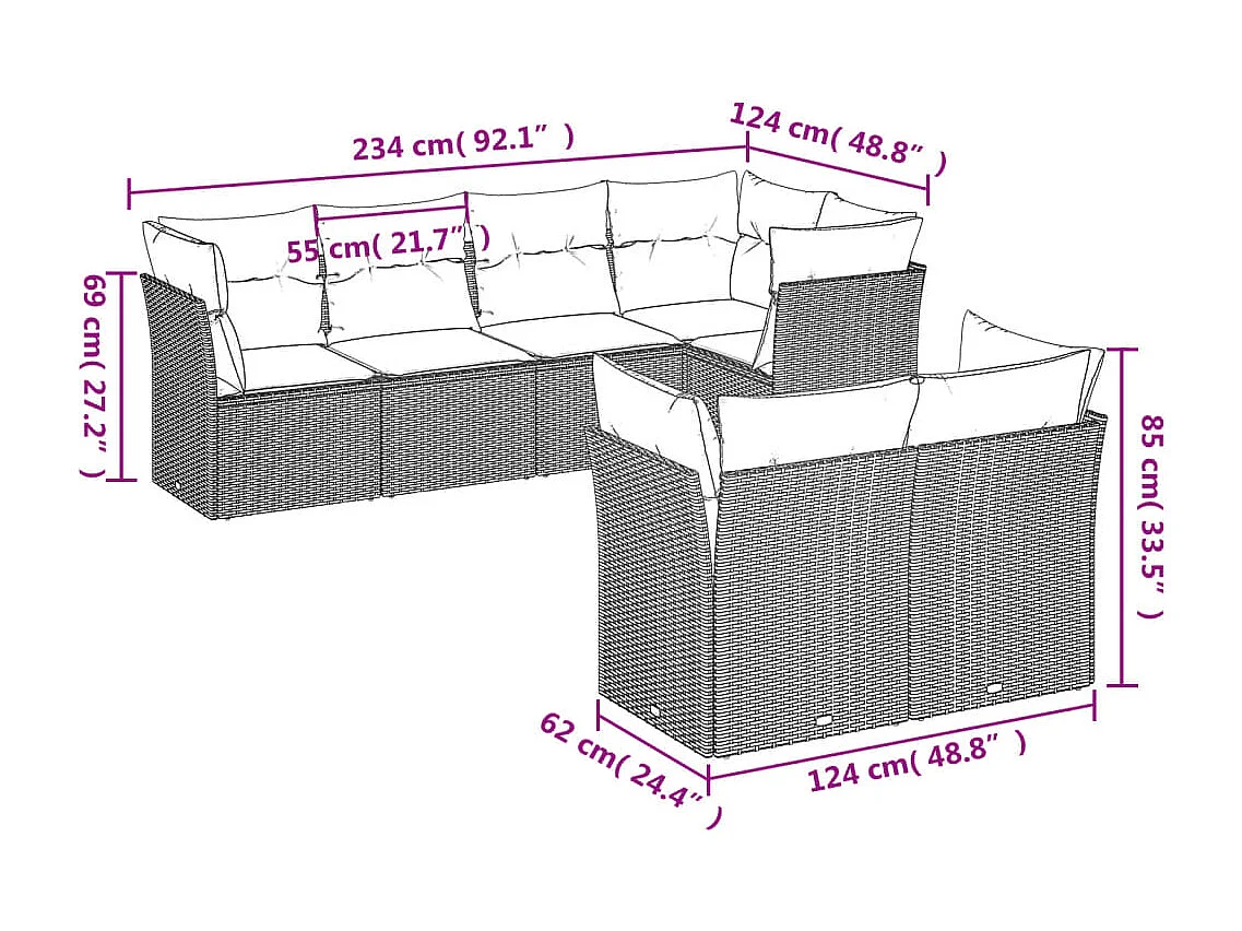 Salon de jardin avec coussins 7 pcs gris résine tressée