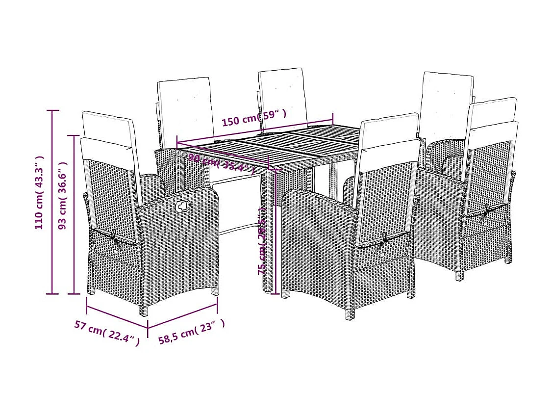 Set comedor jardín 7 pzas y cojines ratán sintético gris