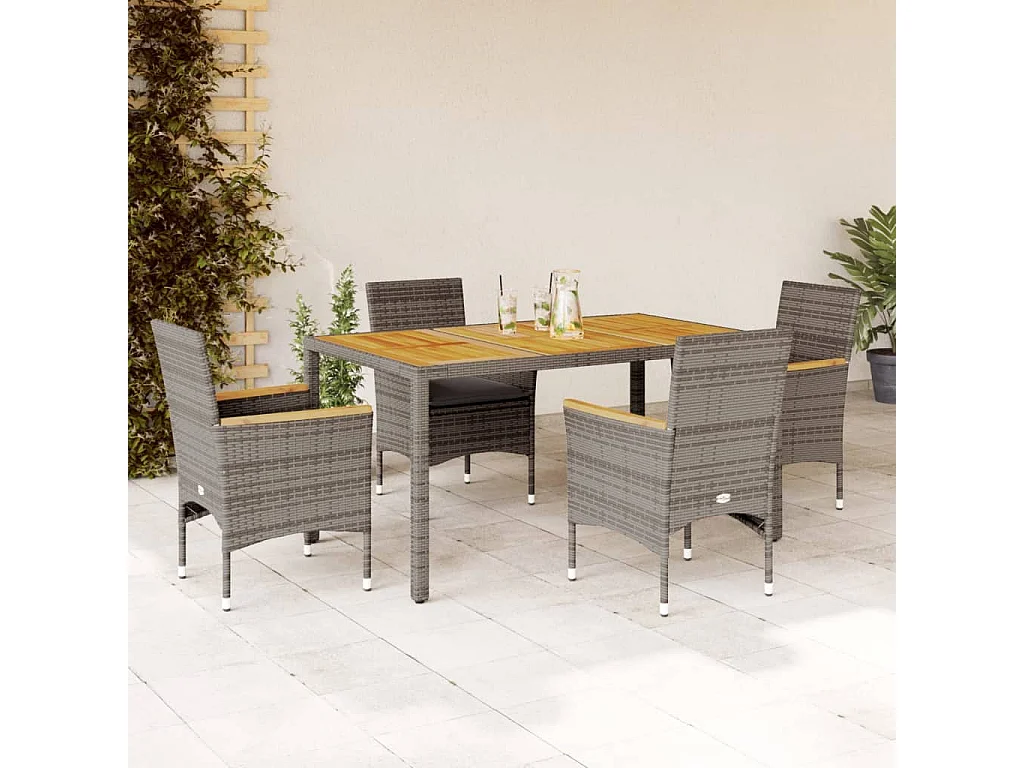 Set Pranzo Giardino 5 pz con Cuscini Grigio Polyrattan Acacia