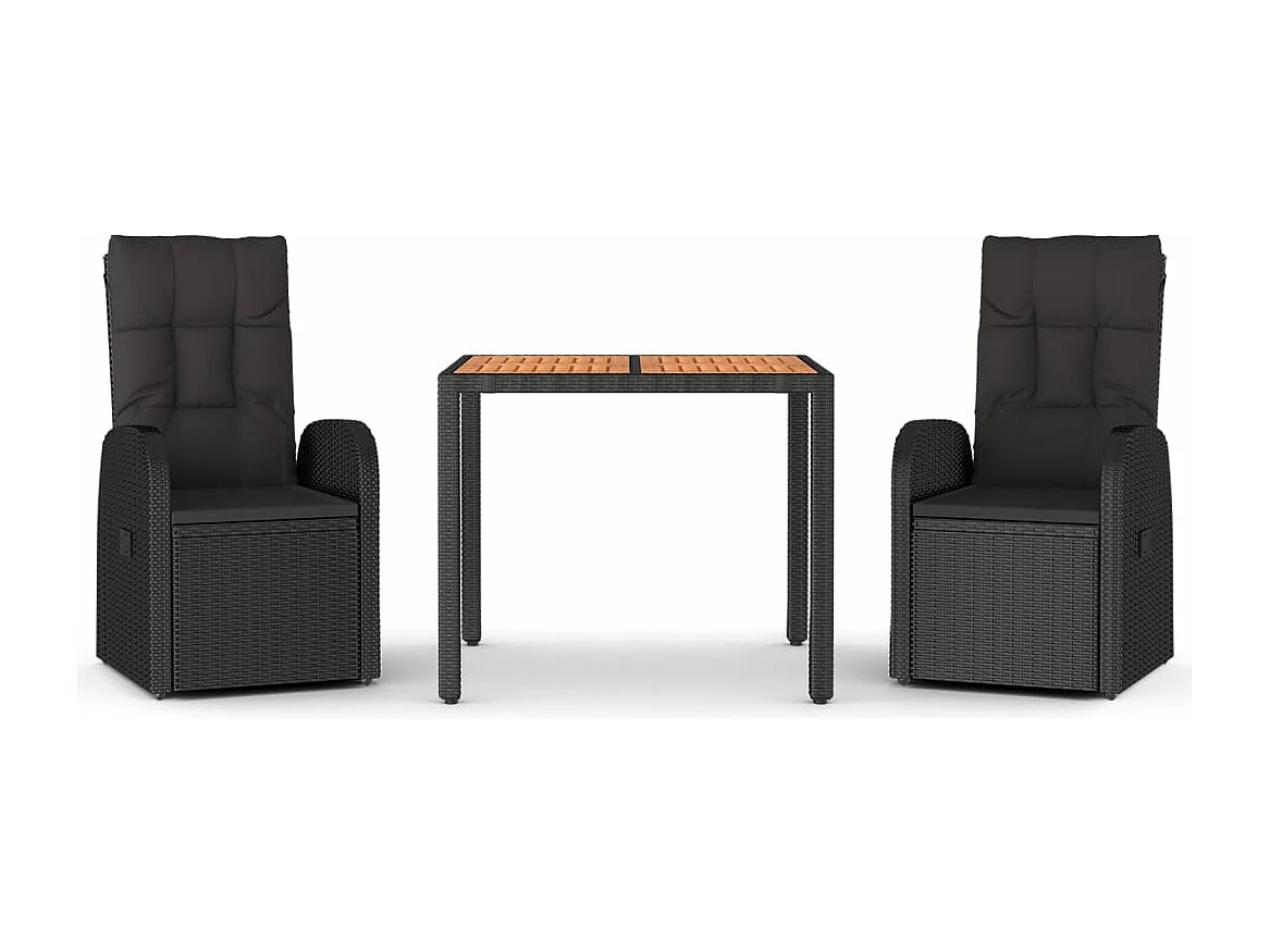 Set comedor de jardín 3 pzas con cojines ratán sintético negro