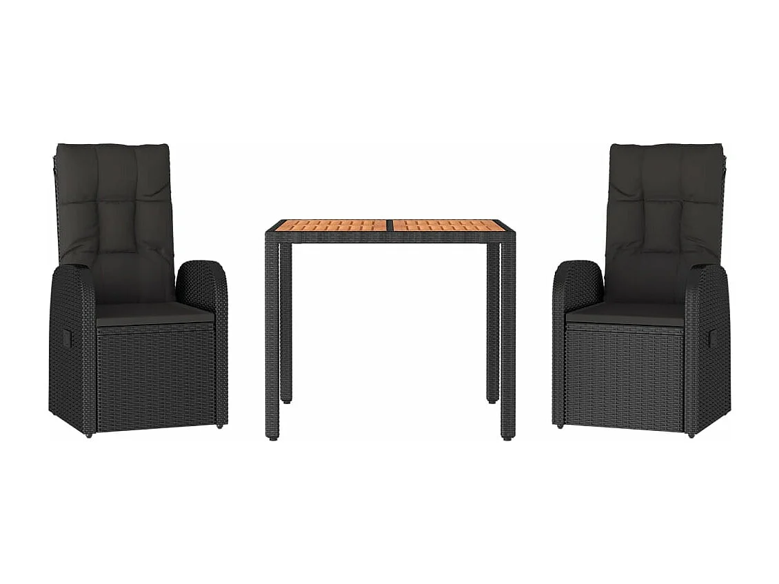 Set comedor de jardín 3 pzas con cojines ratán sintético negro