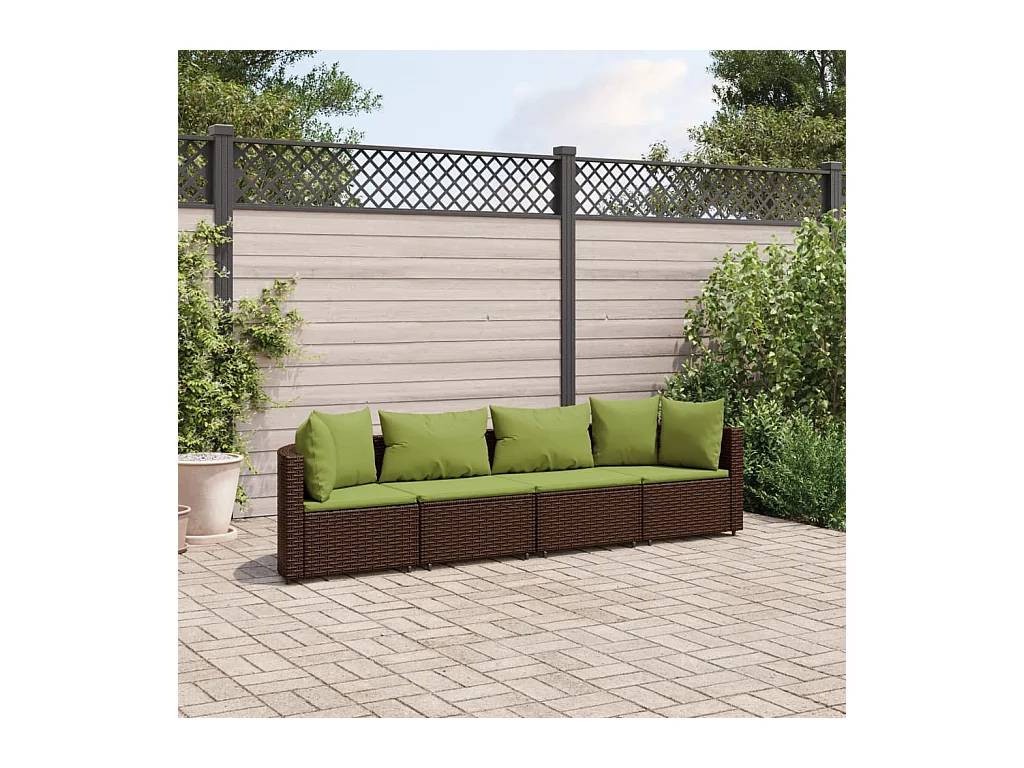 Set Divano da Giardino 4 pz con Cuscini Marrone in Polyrattan