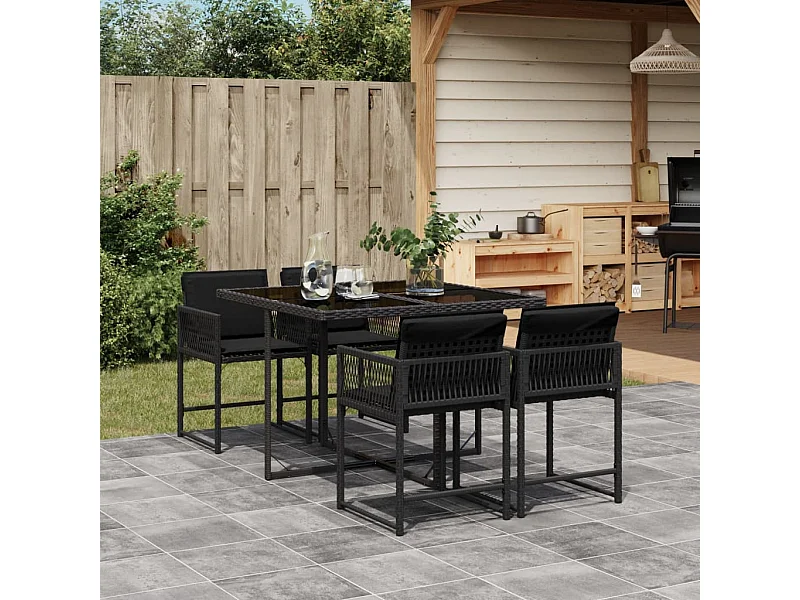 Set da Pranzo da Giardino 5 pz Nero con Cuscini in Polyrattan