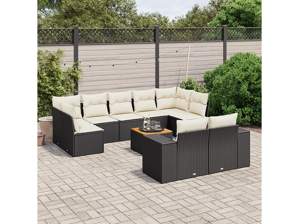 10-delige Loungeset met kussens poly rattan zwart