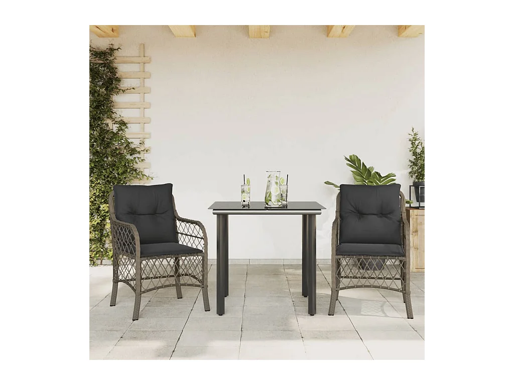3-tlg. Bistro-Set mit Kissen Grau Poly Rattan