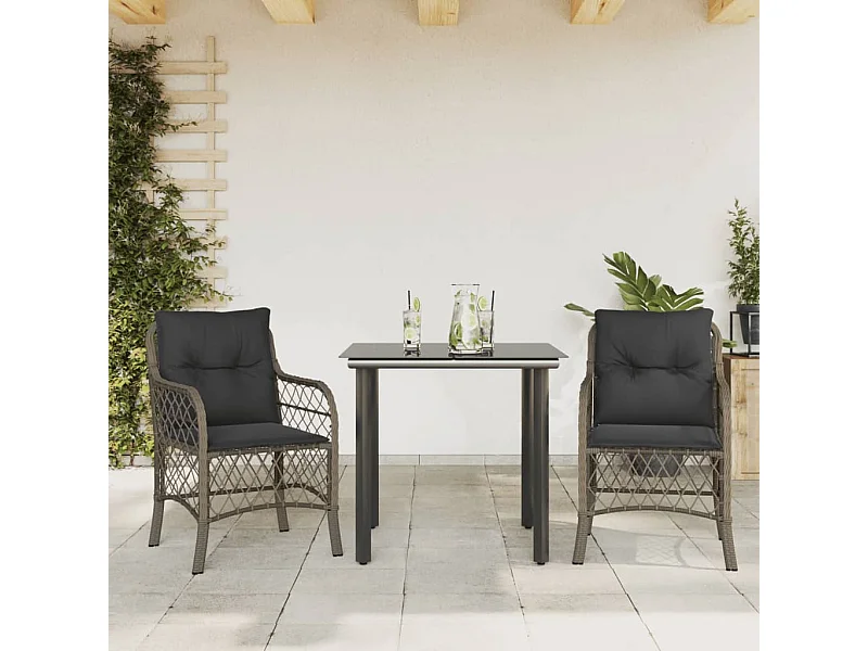 3 pcs conjunto bistrô com almofadões vime PE cinza