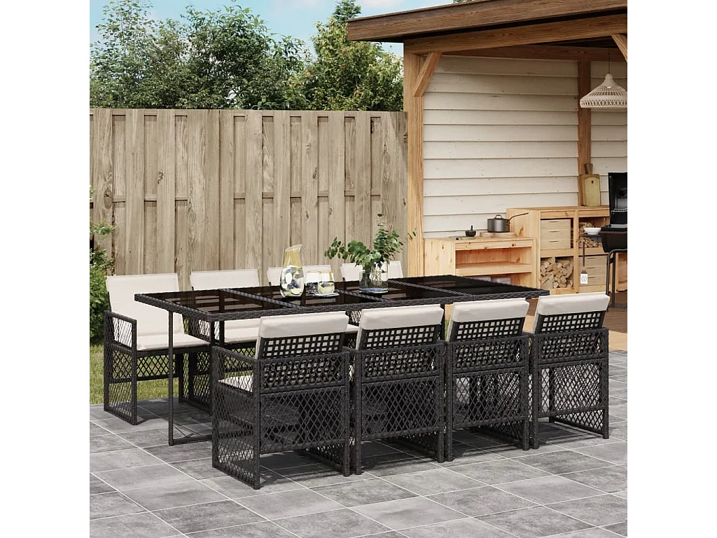 Ensemble à manger de jardin 9pcs coussins noir résine tressée