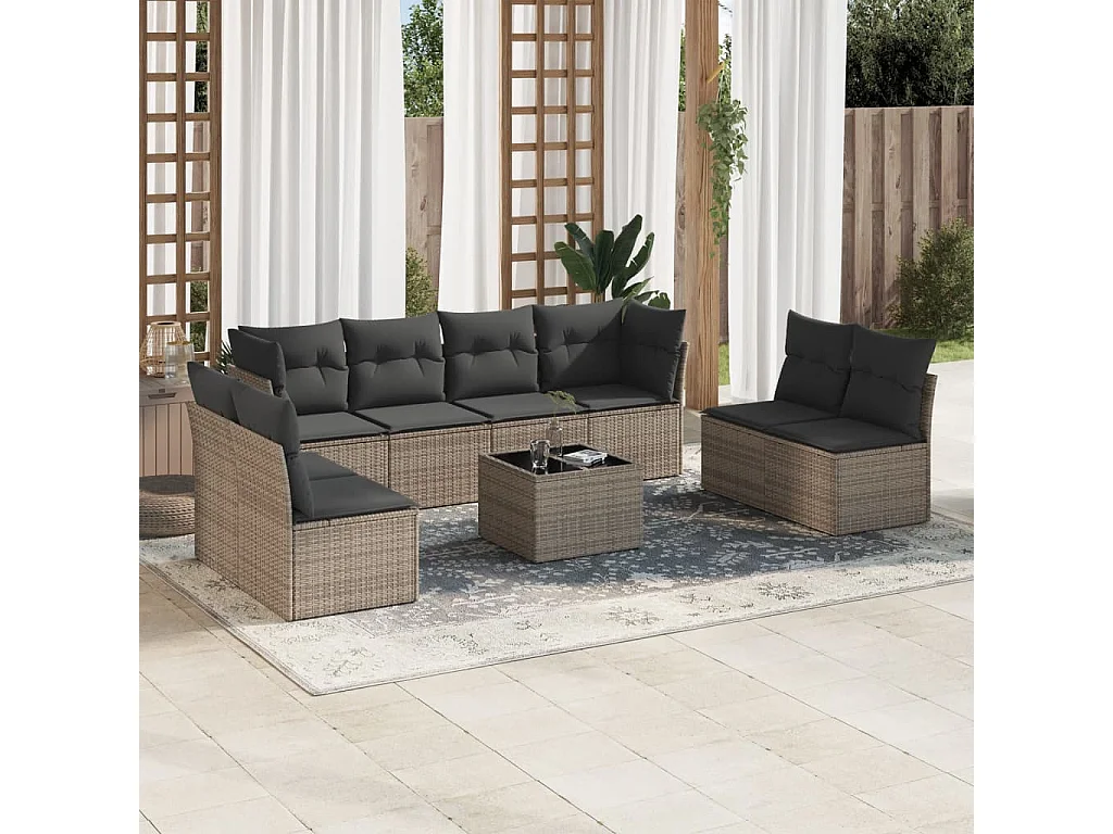 9-tlg. Garten-Sofagarnitur mit Kissen Grau Poly Rattan