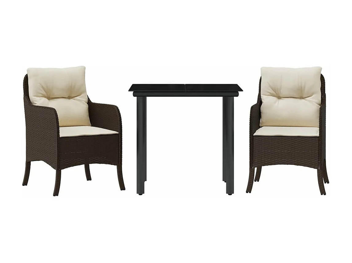 Set da Pranzo da Giardino 3pz con Cuscini in Polyrattan Marrone
