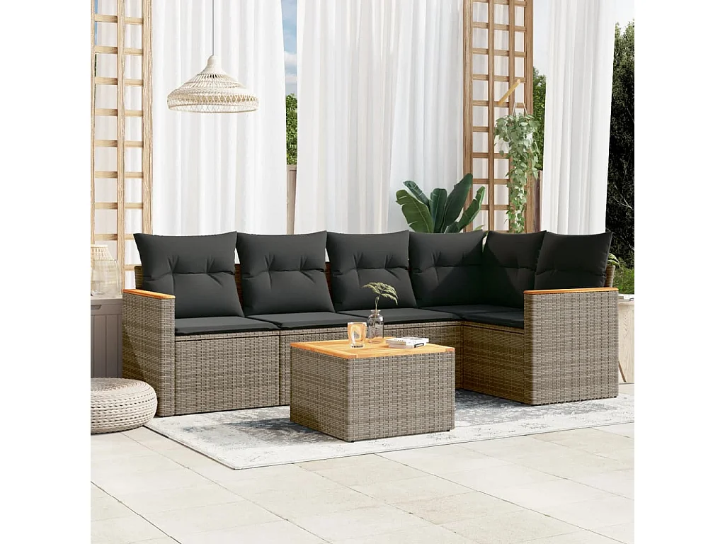 6-delige Loungeset met kussens poly rattan grijs