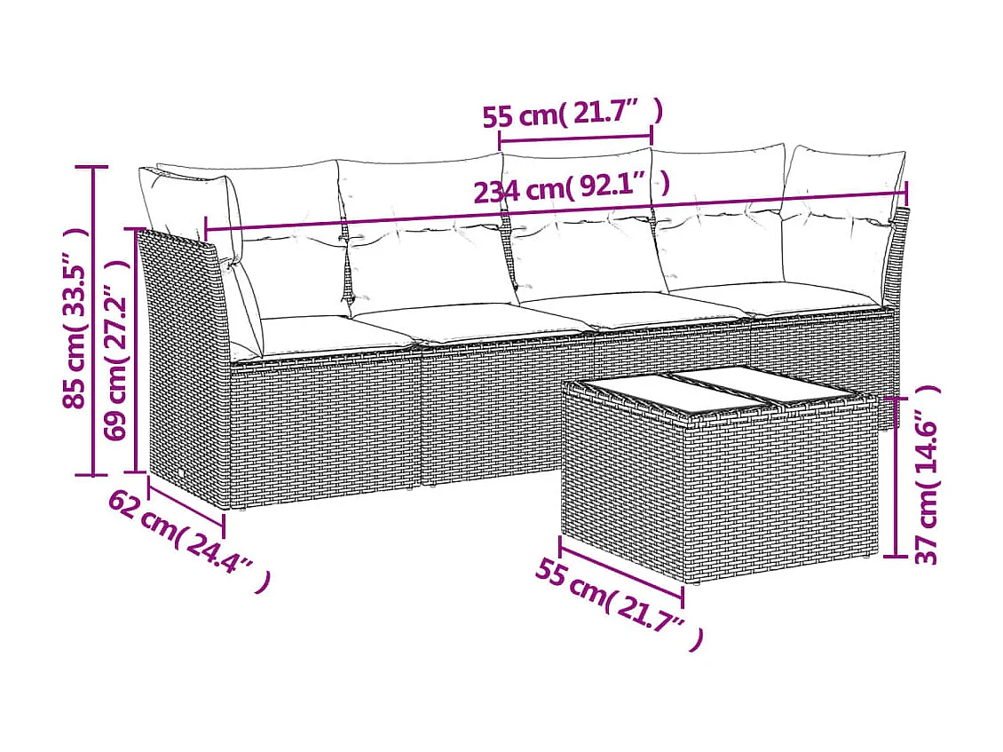 Salon de jardin avec coussins 5 pcs beige résine tressée