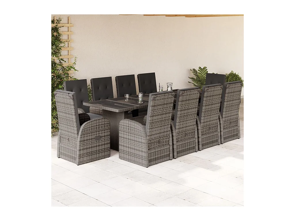 11 pcs conjunto jantar p/ jardim c/ almofadões vime PE cinzento