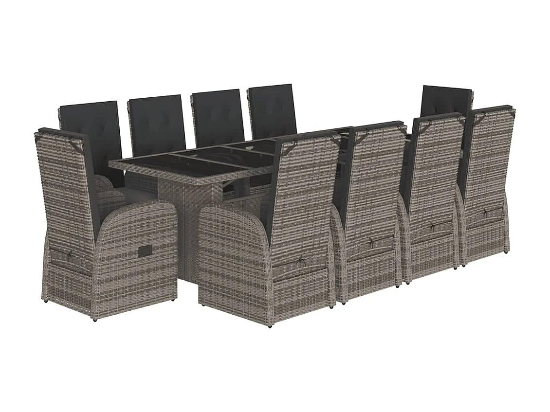 11 pcs conjunto jantar p/ jardim c/ almofadões vime PE cinzento