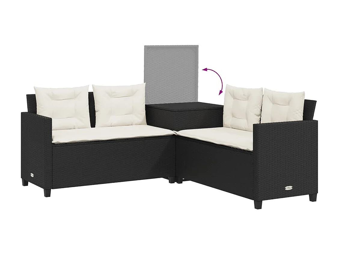 Canapé de jardin avec table et coussins en forme de L noir