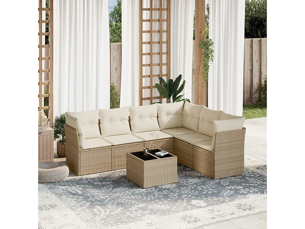 Salon de jardin avec coussins 7 pcs beige résine tressée