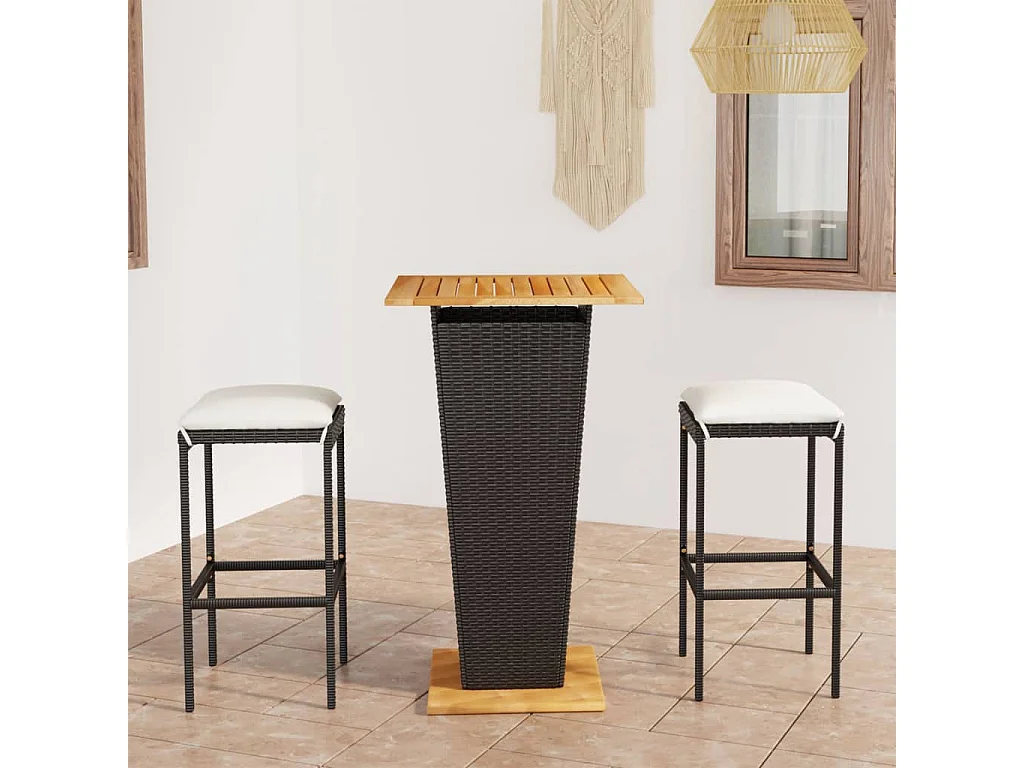 Set Bar da Giardino 3 pz con Cuscini in Polyrattan Nero