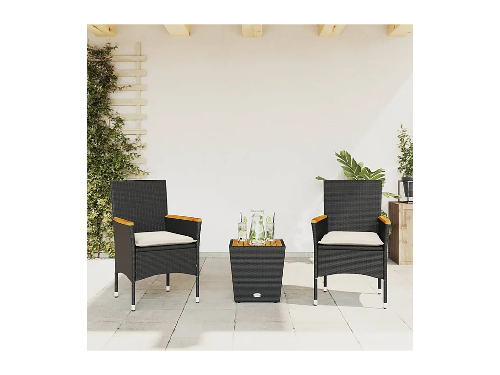 Set da Bistrò 3 pz con Cuscini Nero Polyrattan e Vetro