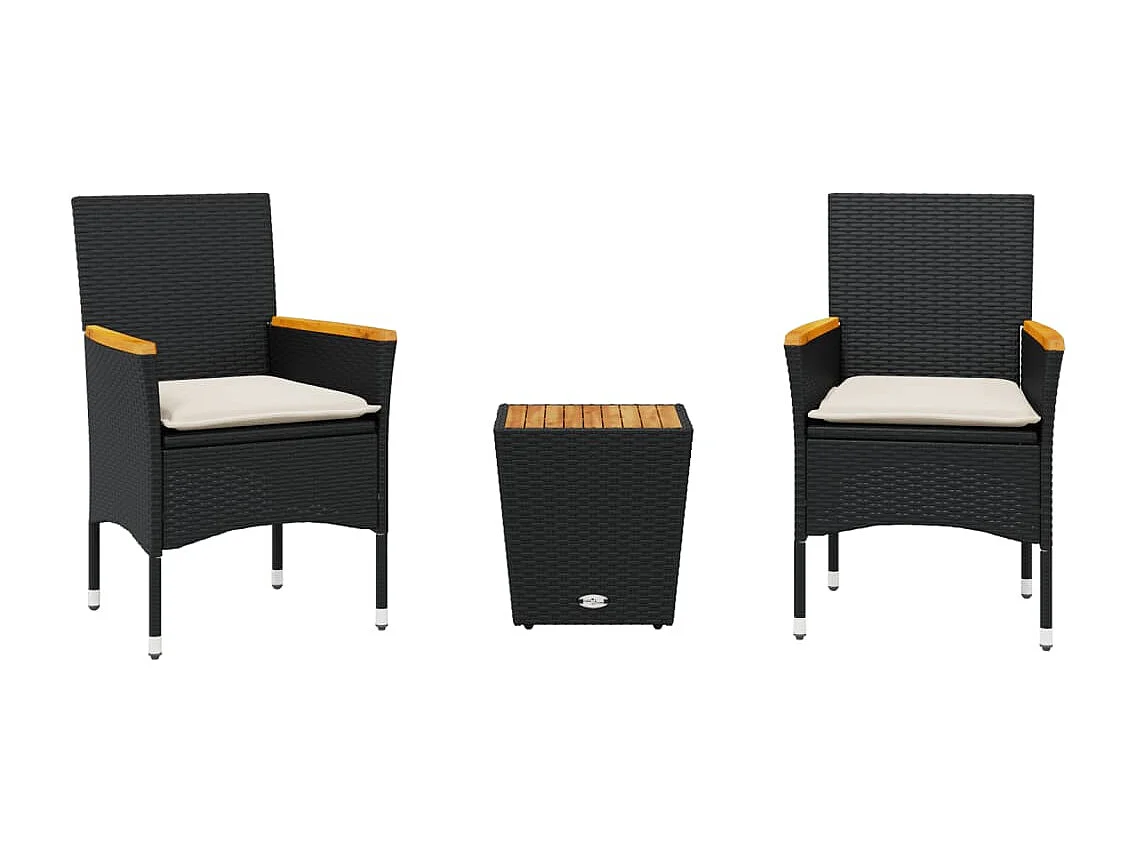 Ensemble de bistro avec coussins 3pcs noir résine tressée verre