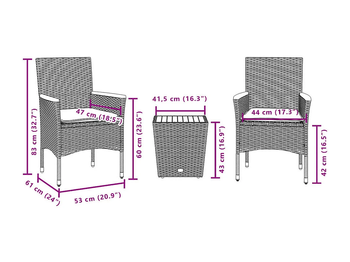 Ensemble de bistro avec coussins 3pcs noir résine tressée verre