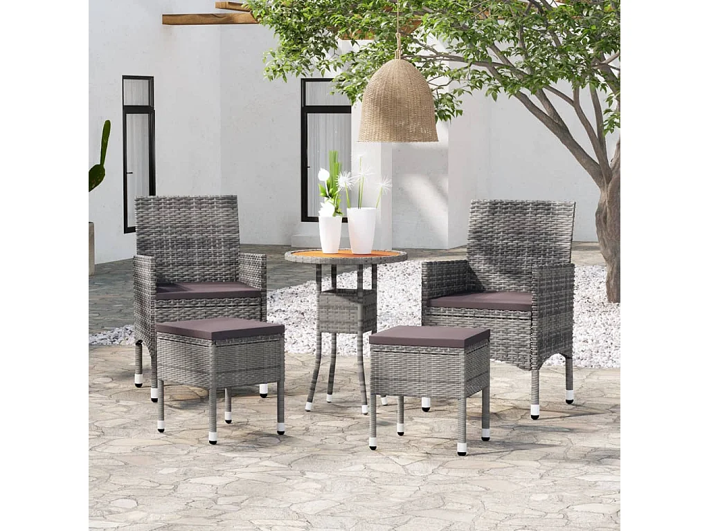 5 pcs conjunto lounge para jardim vime PE cinzento