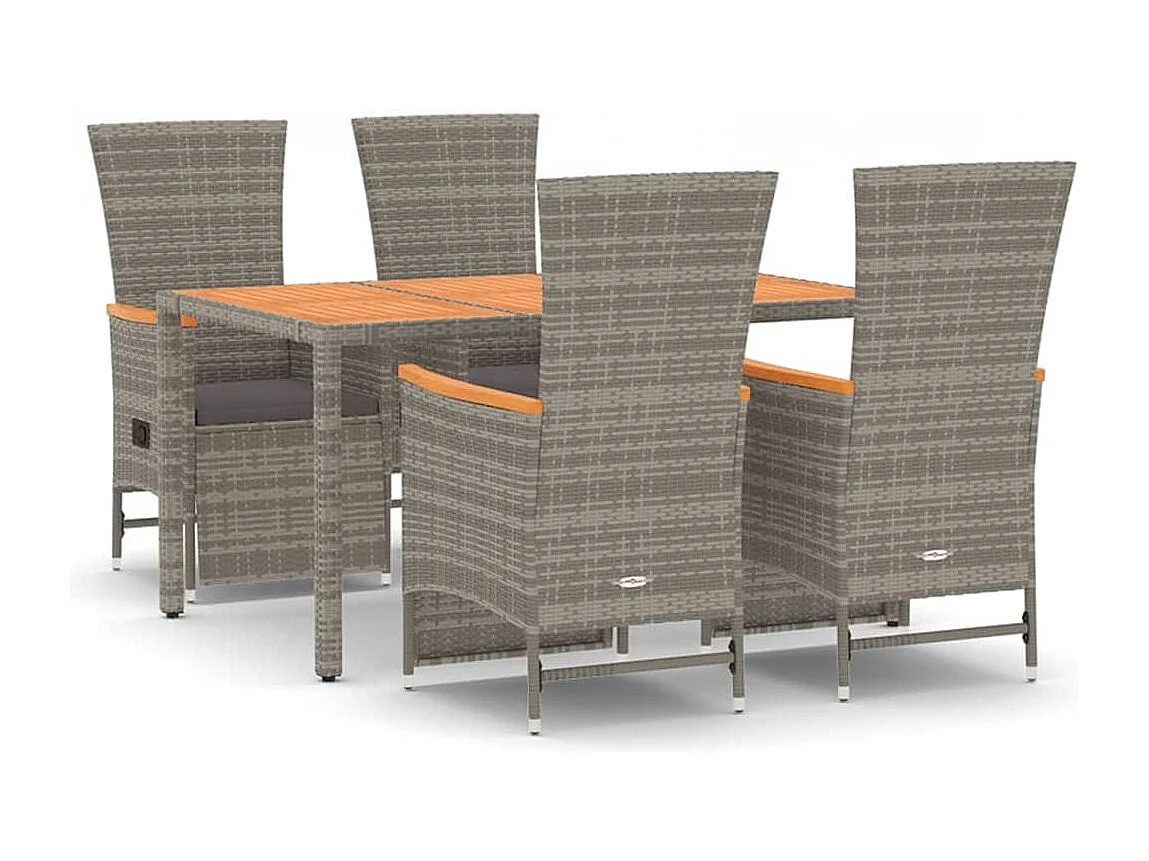 5 pcs conjunto de jantar p/ jardim c/ almofadões vime PE cinza