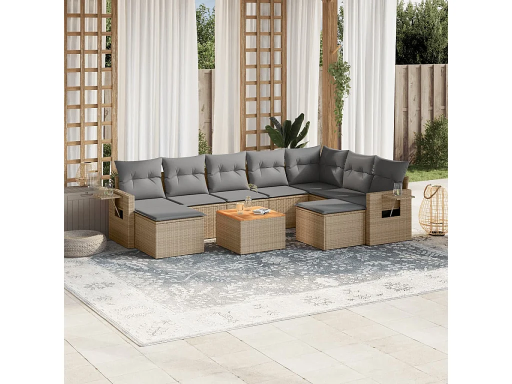 Salon de jardin et coussins 10 pcs mélange beige résine tressée