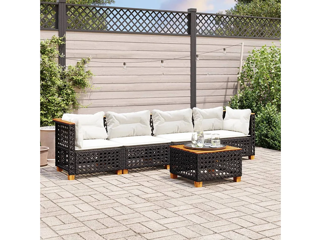 Set Divani da Giardino 5 pz con Cuscini in Polyrattan Nero