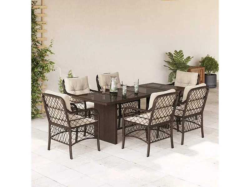 Ensemble à manger de jardin et coussins 7 pcs marron rotin