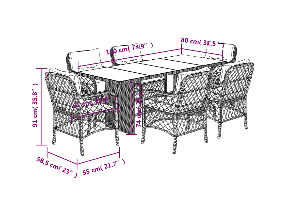 Ensemble à manger de jardin et coussins 7 pcs marron rotin