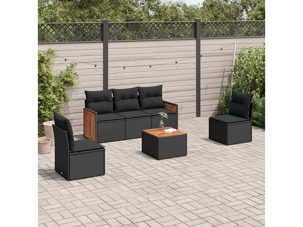 6 pcs conjunto sofás de jardim c/ almofadões vime PE preto
