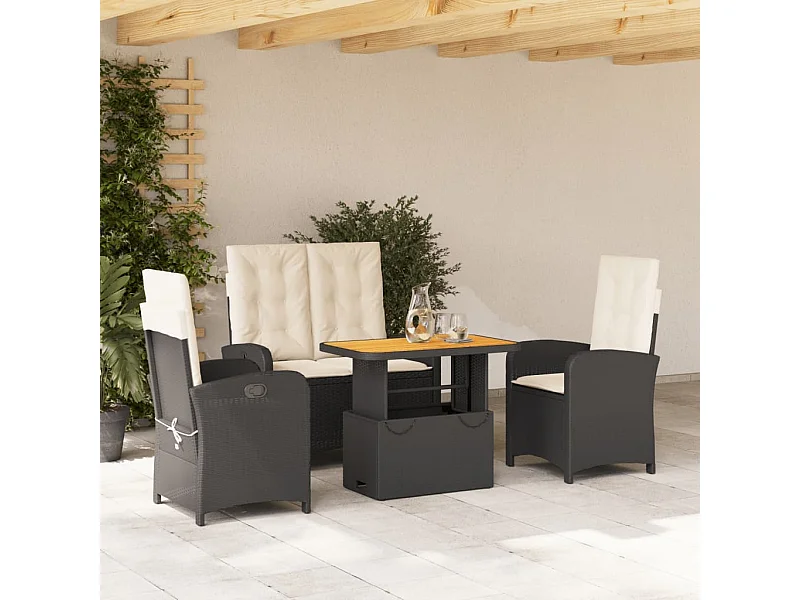 Juego comedor jardín 4 piezas con cojines ratán sintético negro