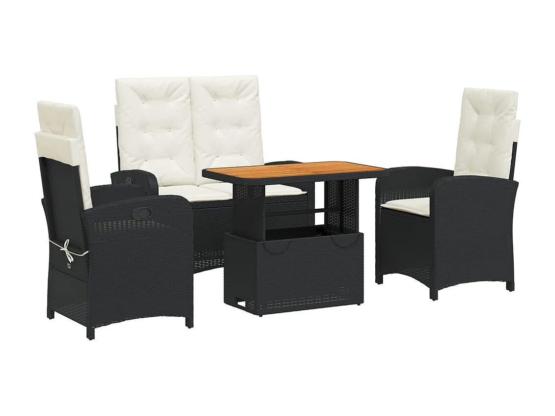 Set da Pranzo da Giardino 4 pz con Cuscini Nero in Polyrattan