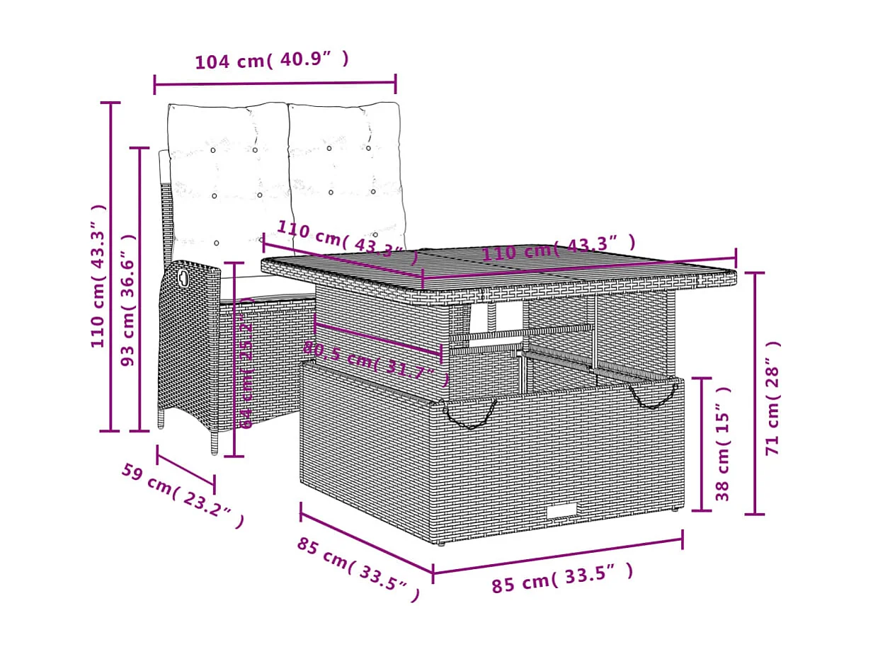 Ensemble à manger de jardin et coussins 2 pcs gris rotin