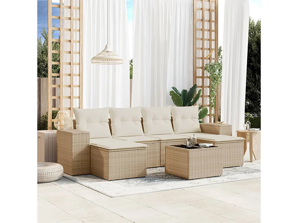Salon de jardin avec coussins 7 pcs beige résine tressée