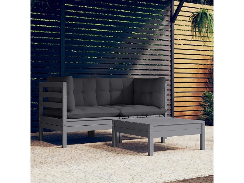 Salon de jardin 3 pcs avec coussins anthracite bois de pin