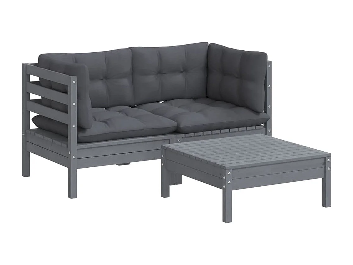 Salon de jardin 3 pcs avec coussins anthracite bois de pin