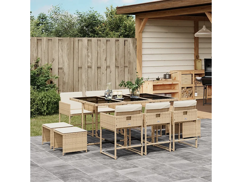 11 pcs conjunto de jantar p/ jardim com almofadões vime PE bege