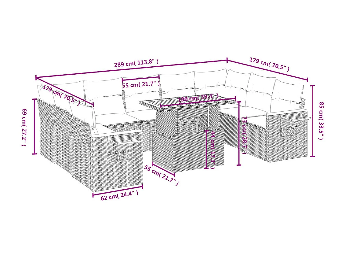 10-delige Loungeset met kussens poly rattan beige
