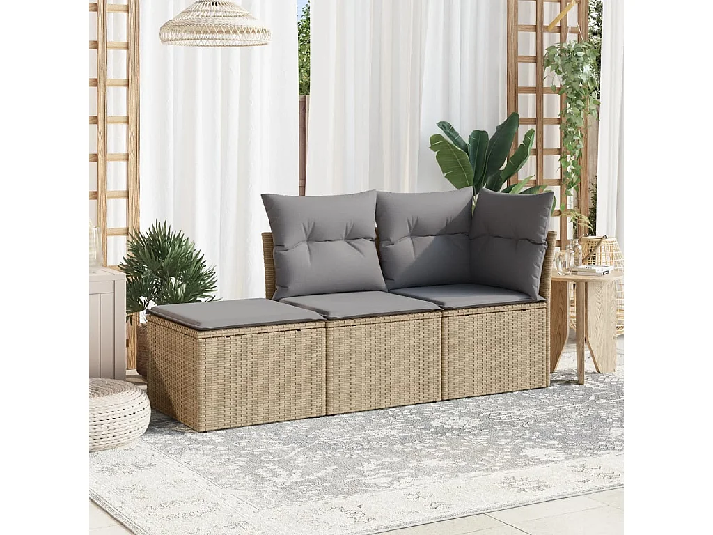3-tlg. Garten-Sofagarnitur mit Kissen Beige Poly Rattan