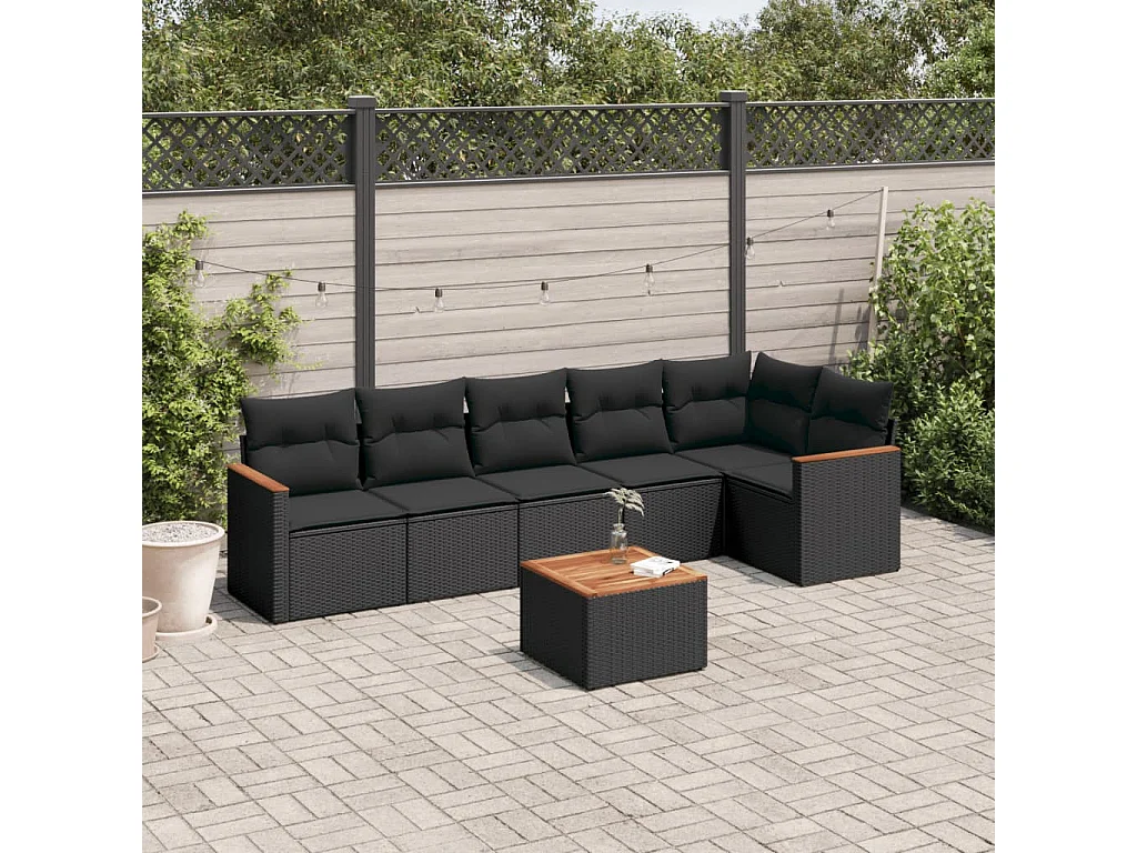 7-tlg. Garten-Sofagarnitur mit Kissen Schwarz Poly Rattan