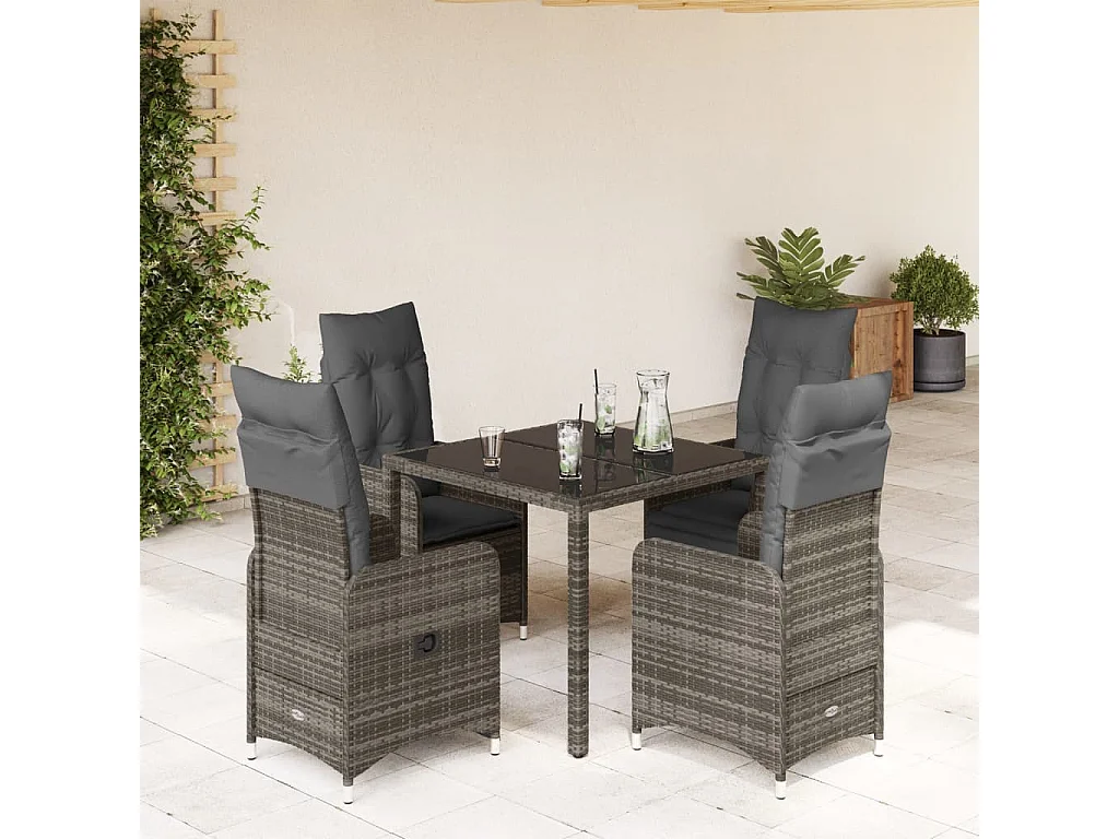 Set Bistrò da Giardino 5 pz con Cuscini in Polyrattan Grigio