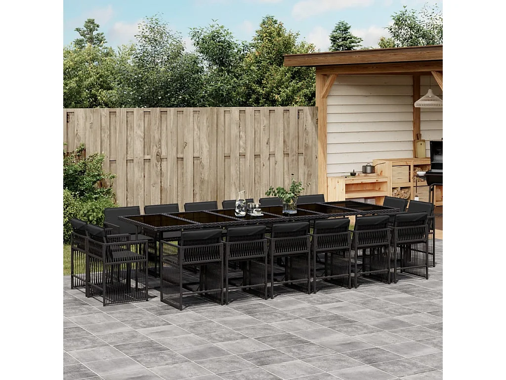 Set da Pranzo da Giardino 17 pz con Cuscini Nero in Polyrattan