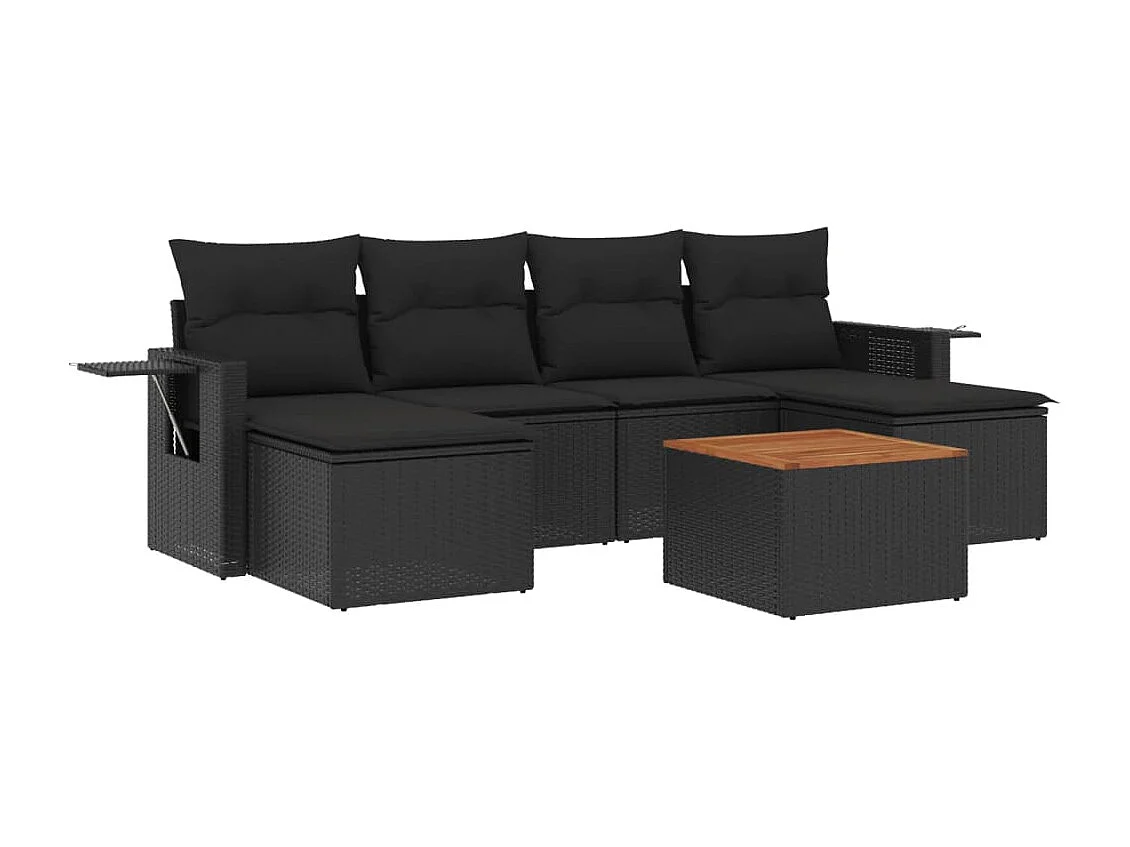 7 pcs conjunto de sofás p/ jardim c/ almofadões vime PE preto