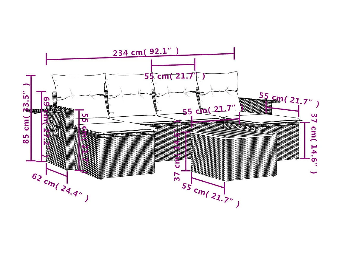 7 pcs conjunto de sofás p/ jardim c/ almofadões vime PE preto