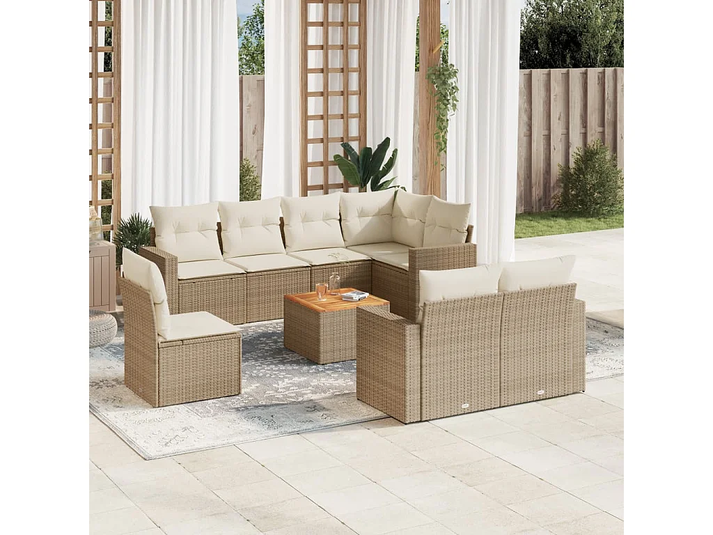 Salon de jardin avec coussins 9 pcs beige résine tressée